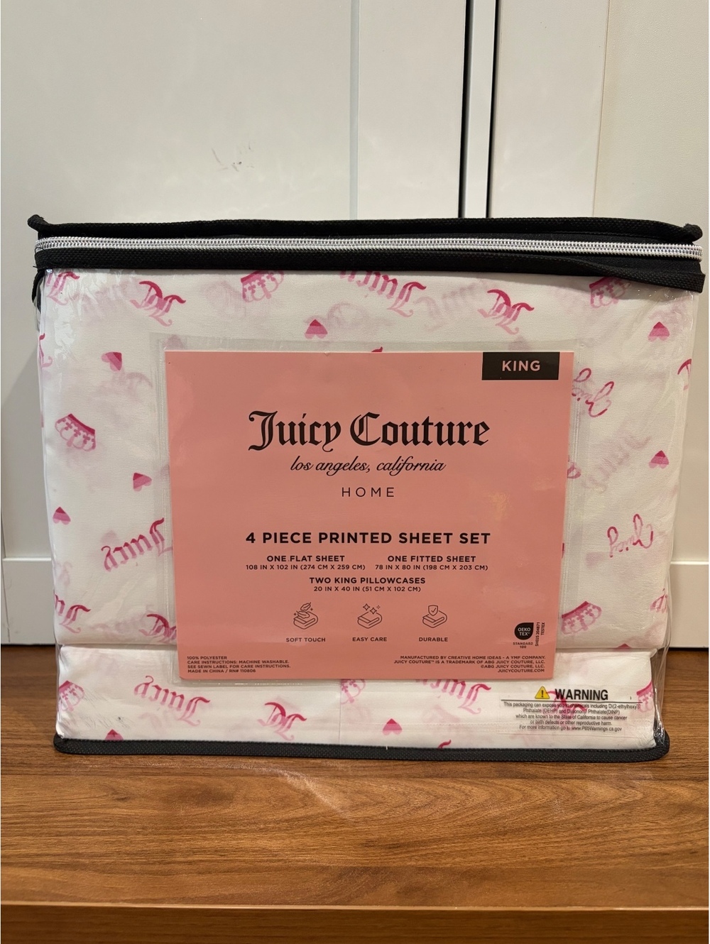 Juicy Couture King 4-Piece Sheet Set – Pink JC Logo & Heart Print – New